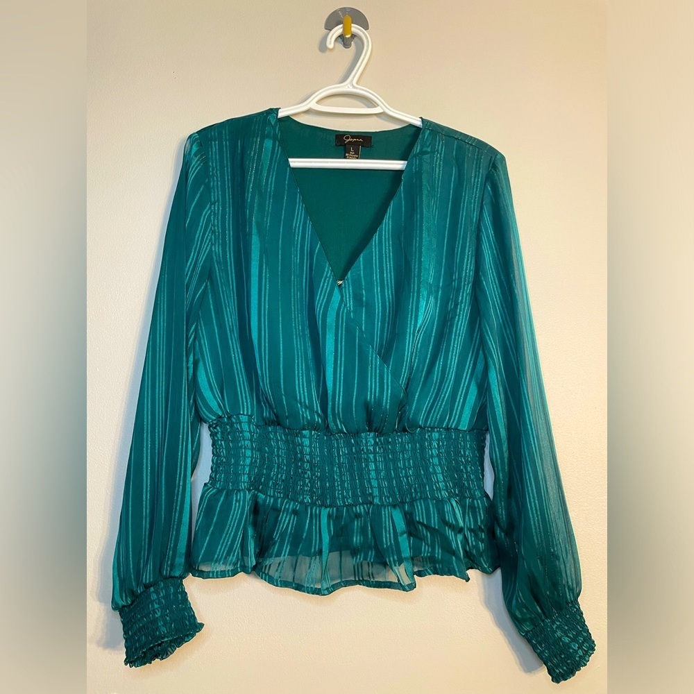 Japna Long Sleeve Striped Metallic Wrap Smocked Top Green Size Large